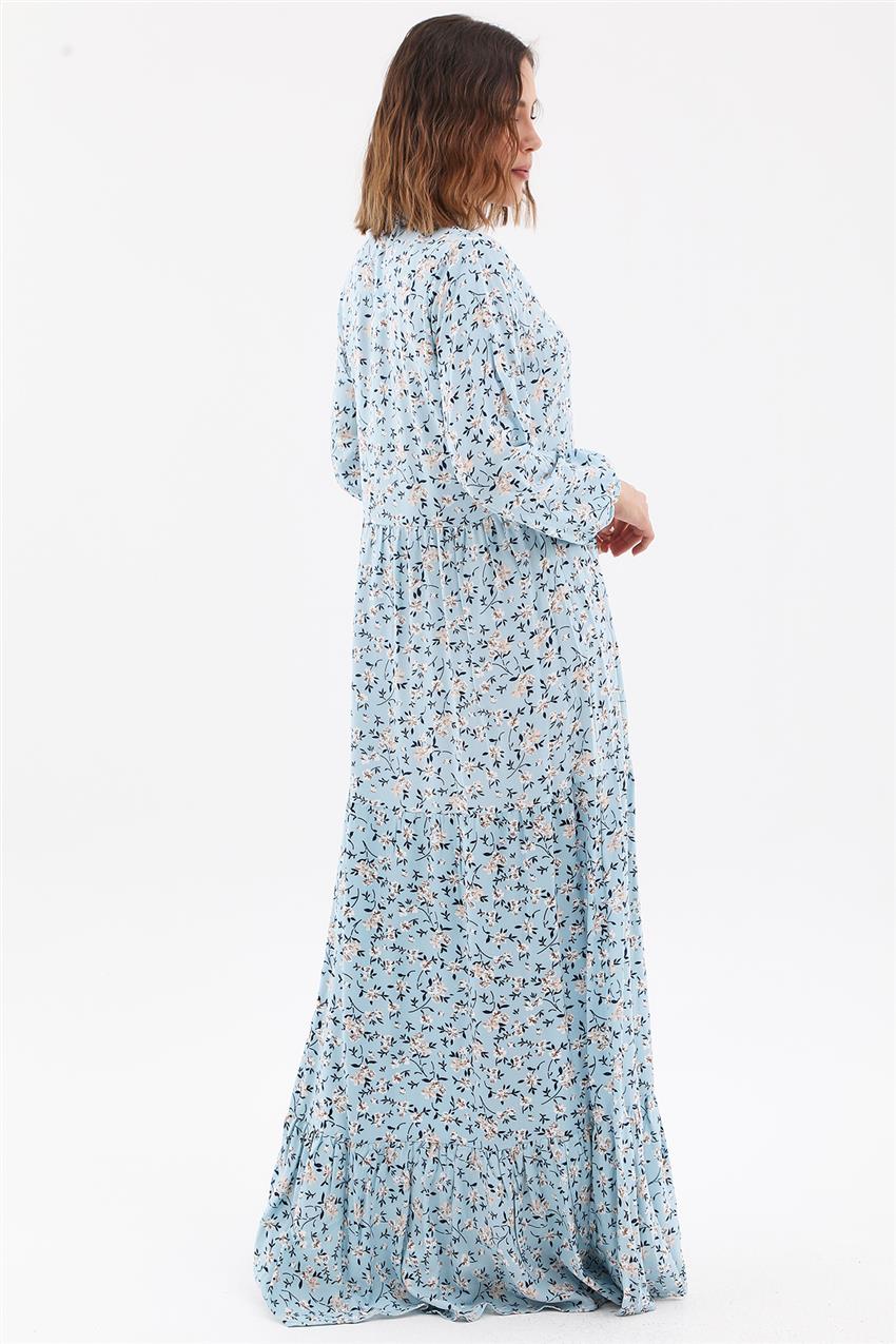 Düğmeli Çiçek Desenli Elbise-Mavi 8505-70