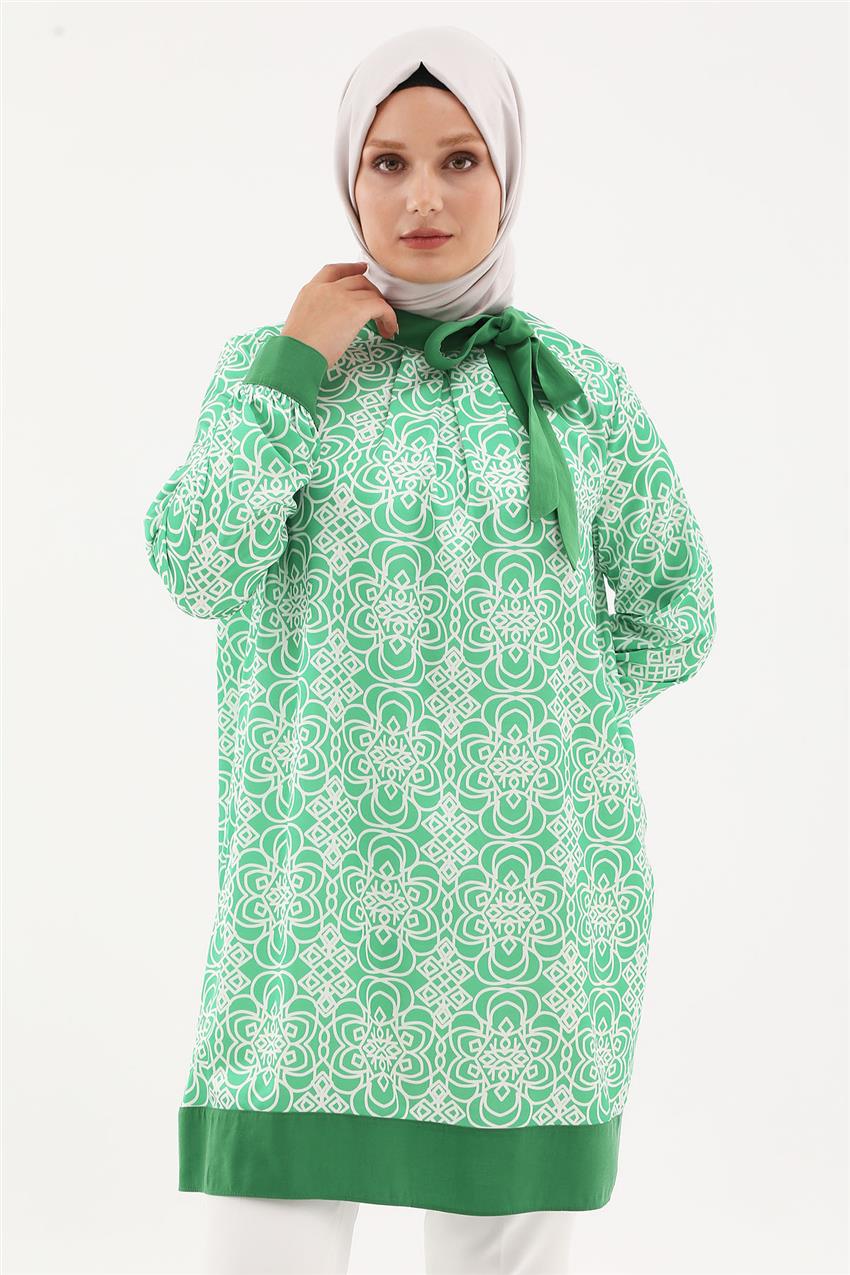 Yakası Fular Tasarımlı Karma Desen Yeşil Tunik
