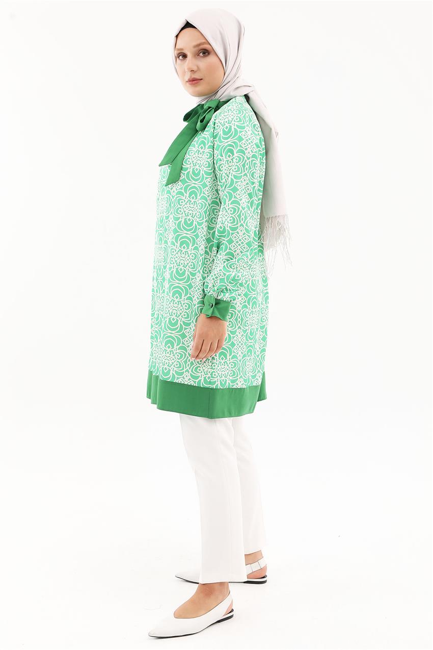 Yakası Fular Tasarımlı Karma Desen Yeşil Tunik