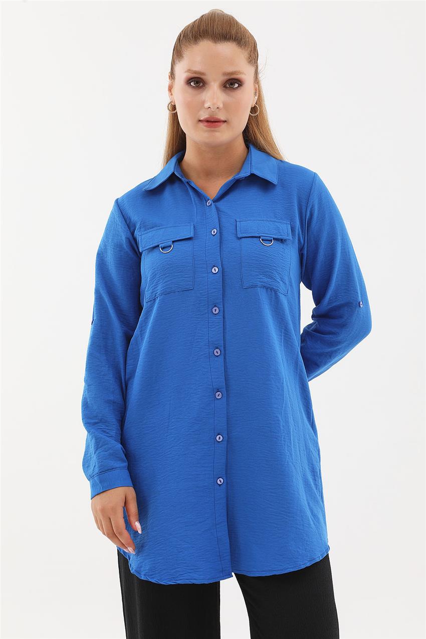 Cep Detaylı Tokalı Mavi Gömlek
