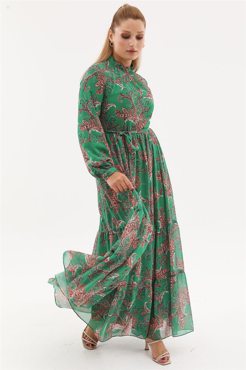 Etnik Desen Yakası Büzgülü Yeşil Elbise