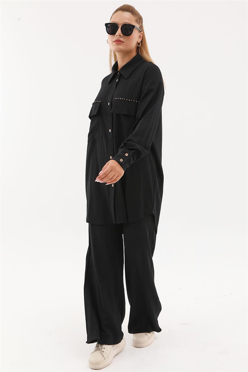 Cepleri İşleme Detaylı Tunik-Pantolon Siyah İkili Takım