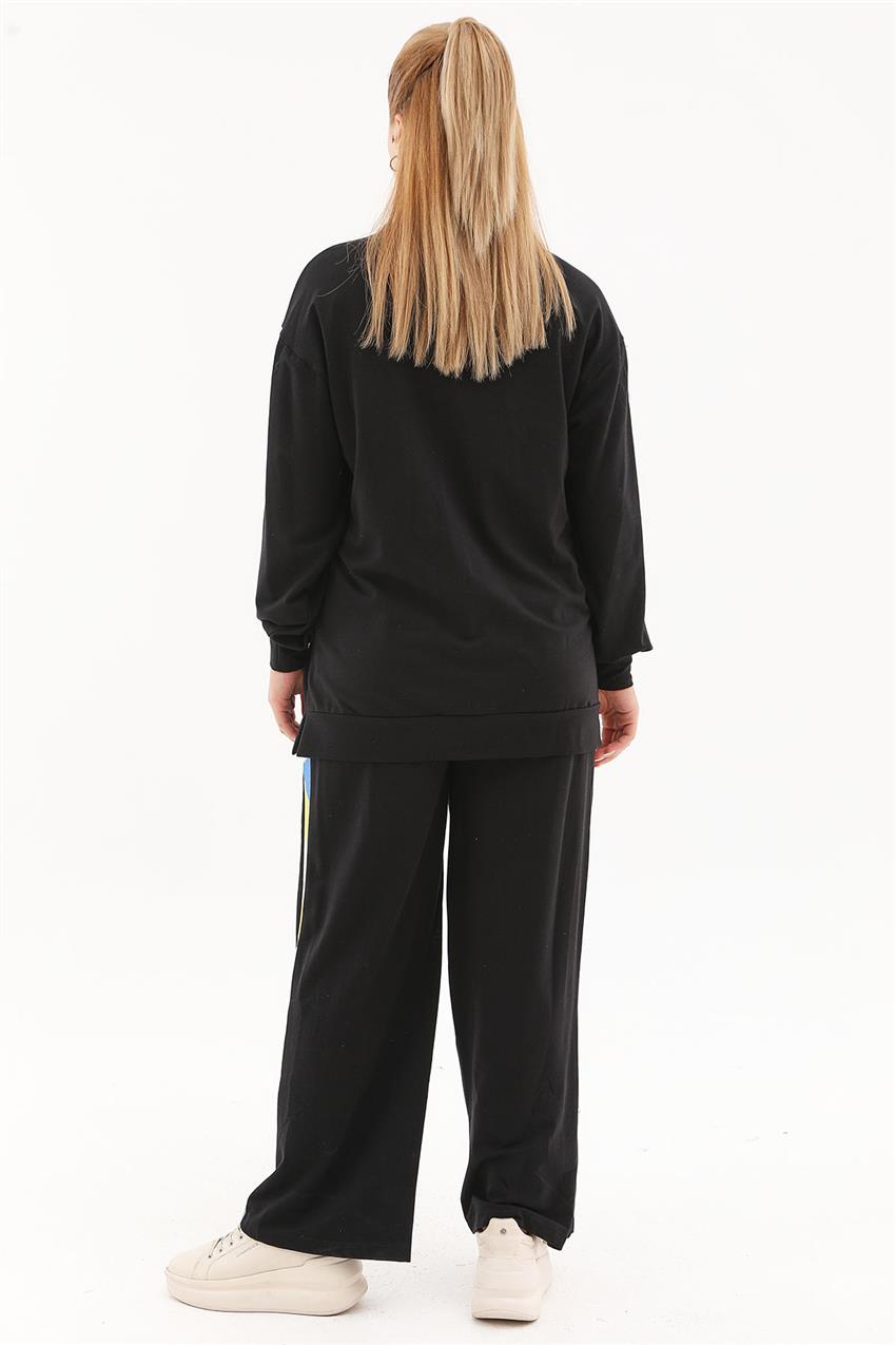 Garnili Sweatshirt-Pantolon İkili Siyah Takım 