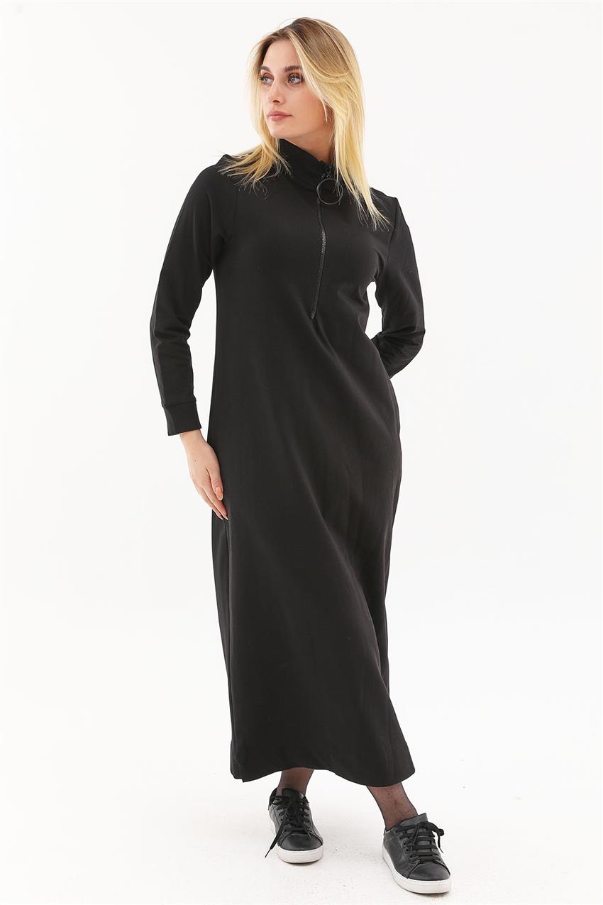 Levidor Ribanalı Fermuarlı Siyah Elbise | E-Tesettür