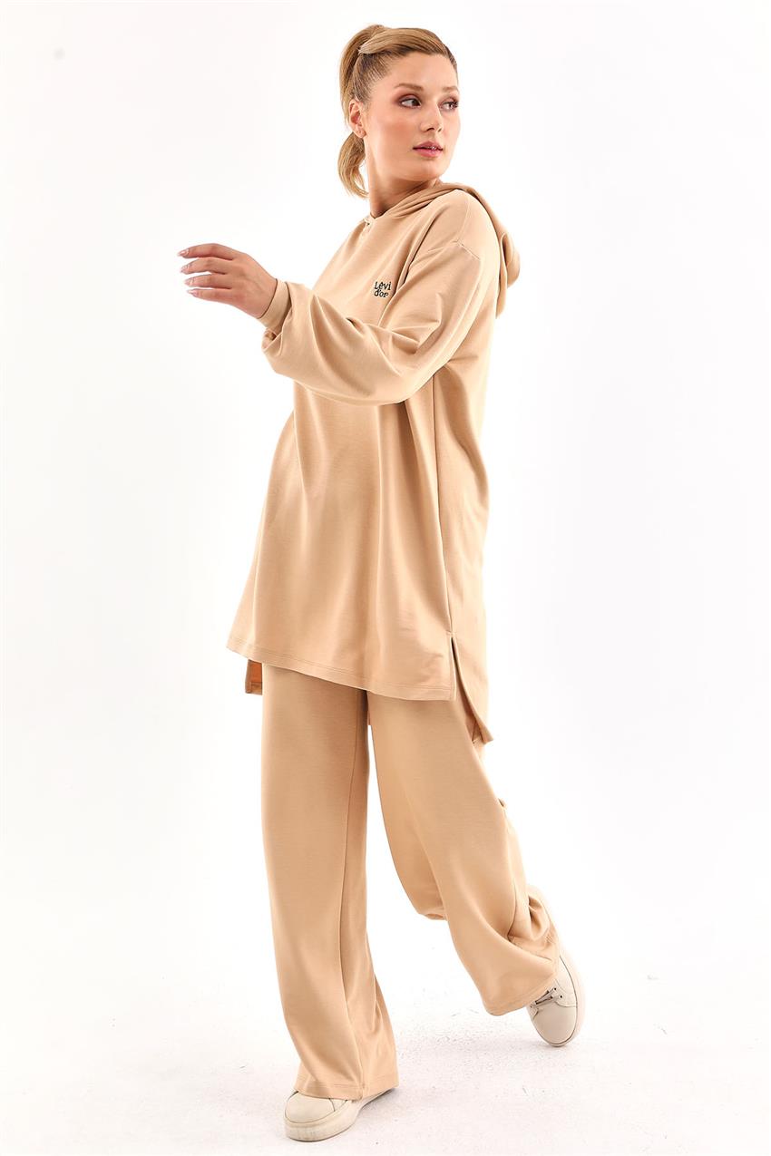 Kapüşonlu Sweatshirt-Pantolon İkili Camel Spor Takım
