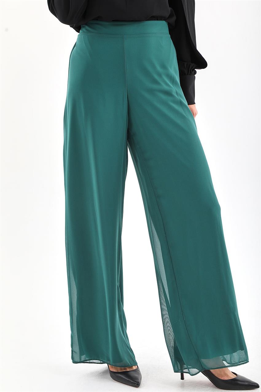 Çift Katmanlı Şifon Geniş Paça Koyu Yeşil Pantolon