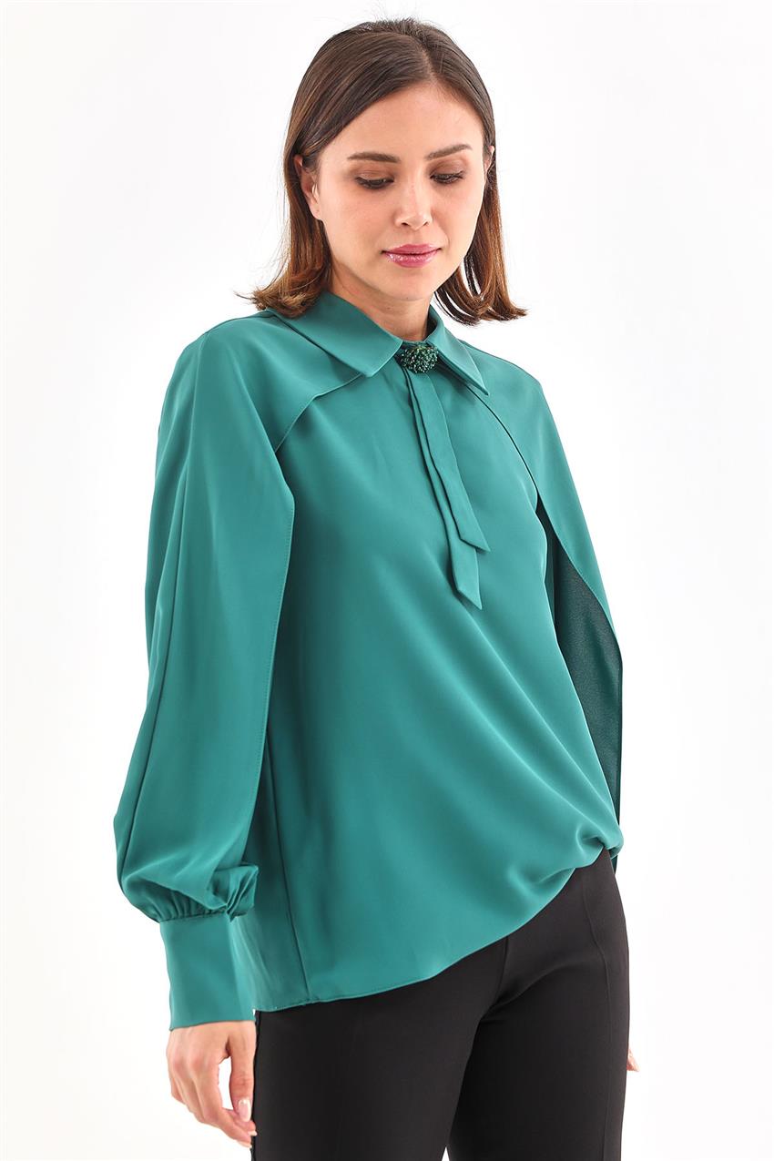 Broş Detaylı Tasarım Yeşil Bluz