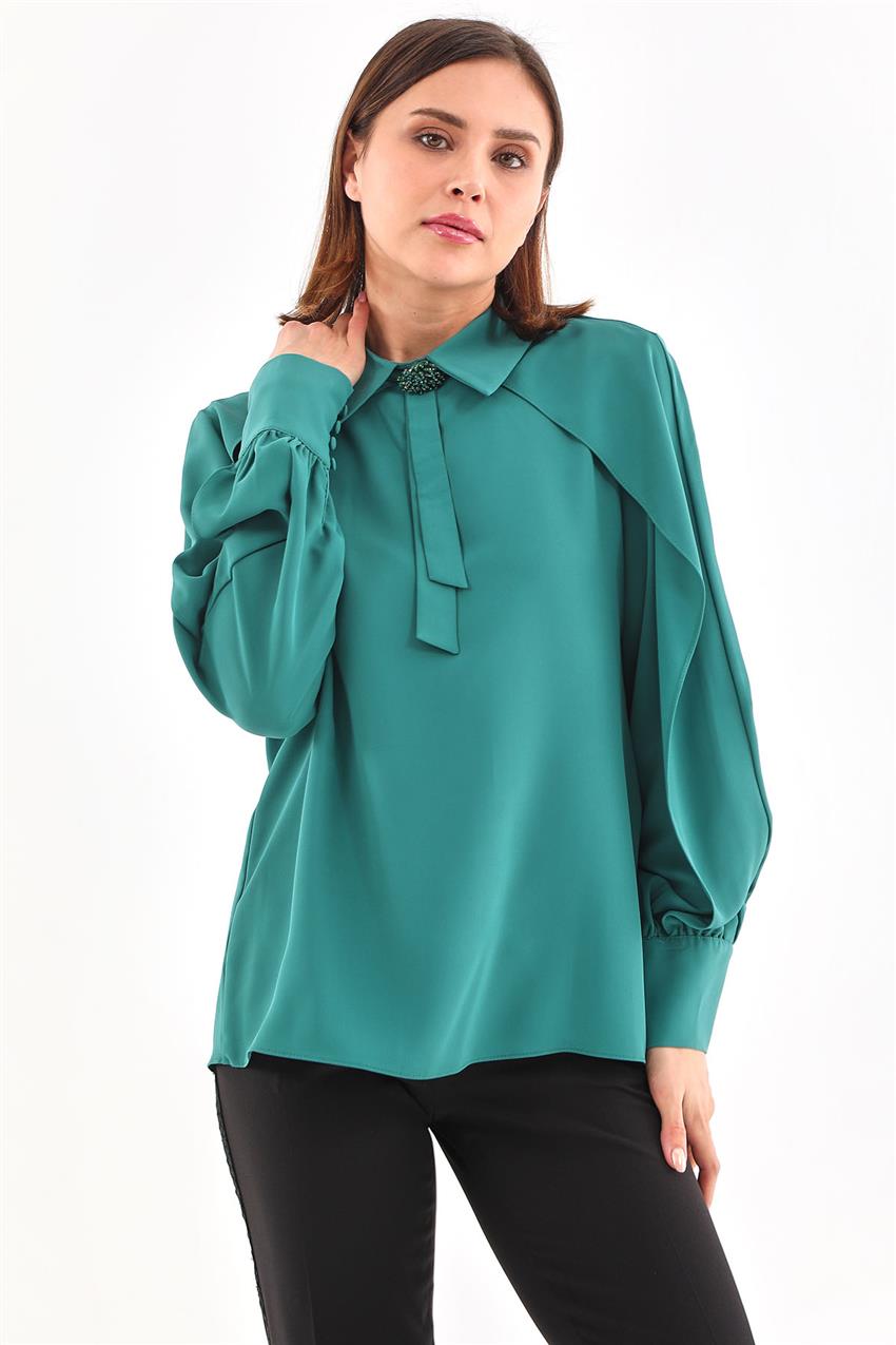 Broş Detaylı Tasarım Yeşil Bluz
