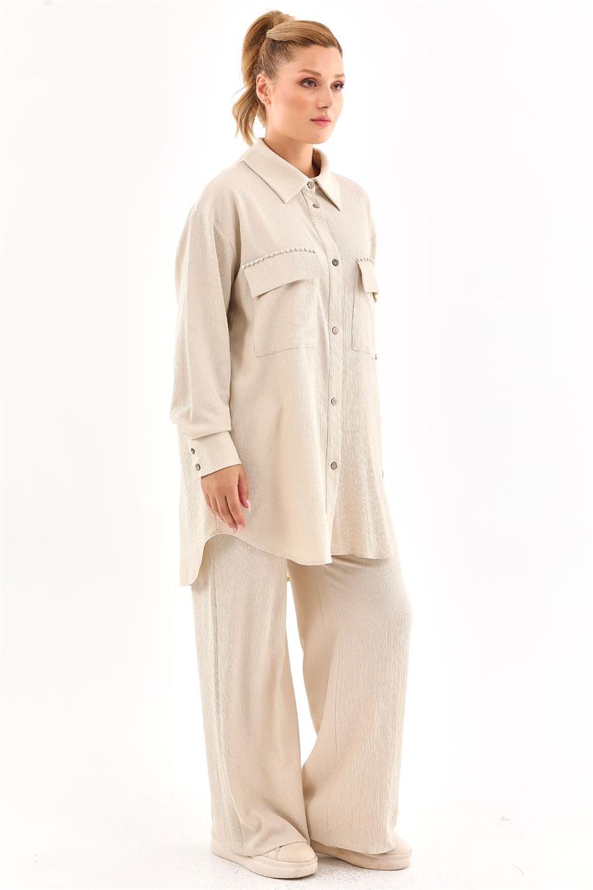Cepleri İşleme Detaylı Tunik-Pantolon Bej İkili Takım