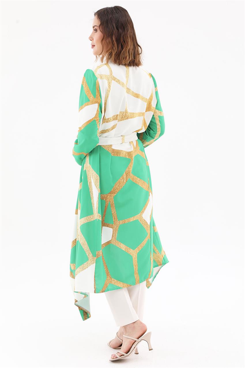 Tasarım Yaka Ekru-Yeşil Kimono