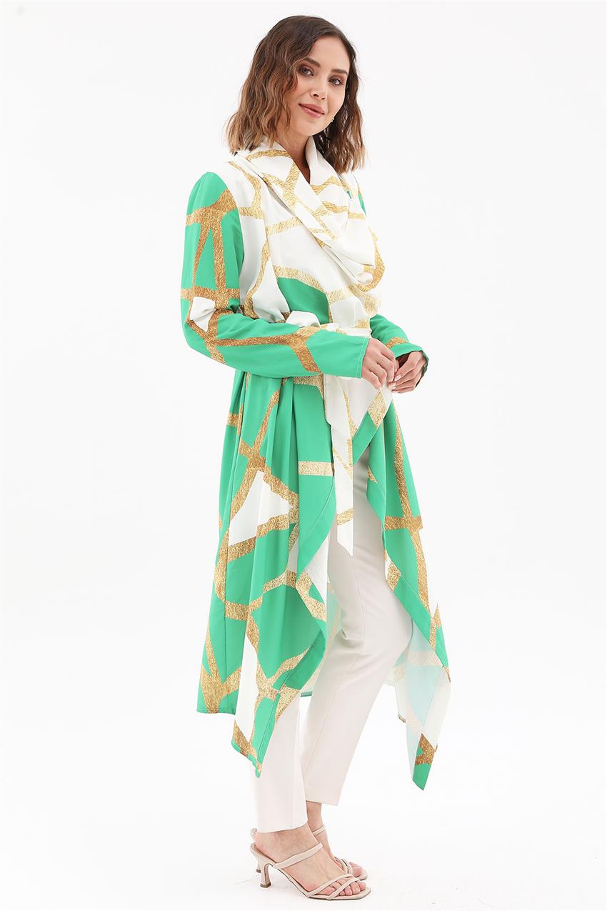 Tasarım Yaka Ekru-Yeşil Kimono