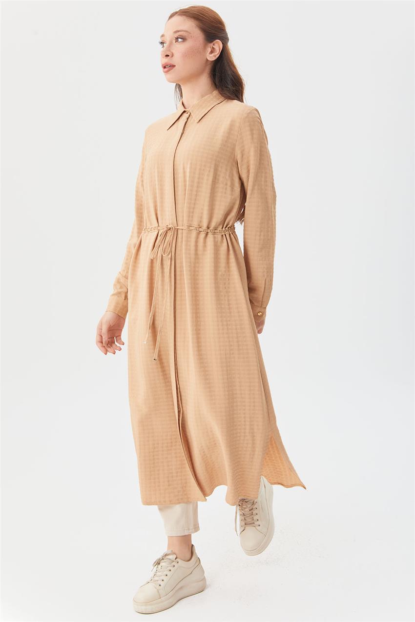 Bel Büzgülü Gofreli Bej Tunik / Elbise