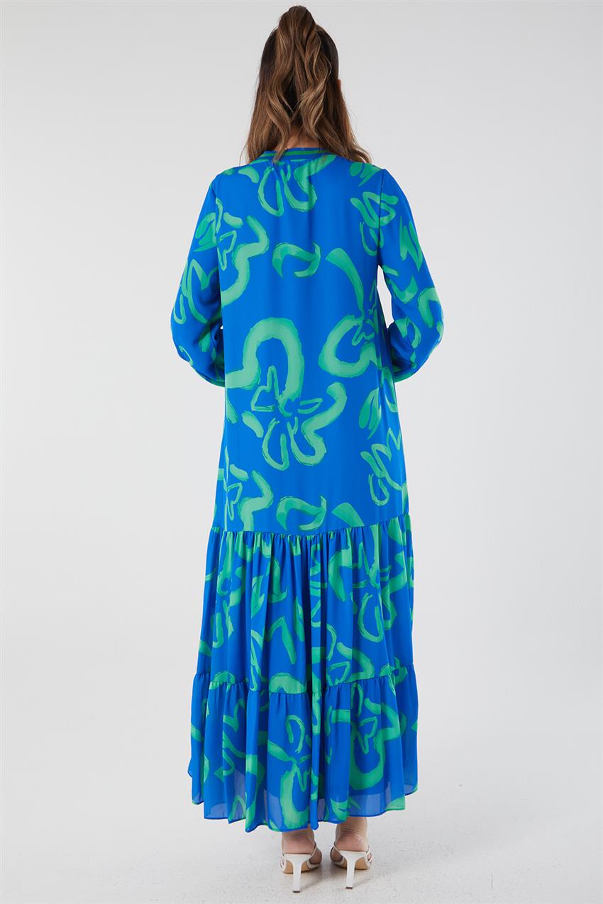 Fırfırlı Çiçekli Elbise -Sax Yeşil M12437-311