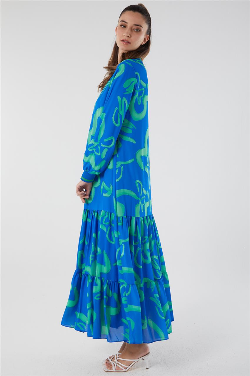 Fırfırlı Çiçekli Elbise -Sax Yeşil M12437-311