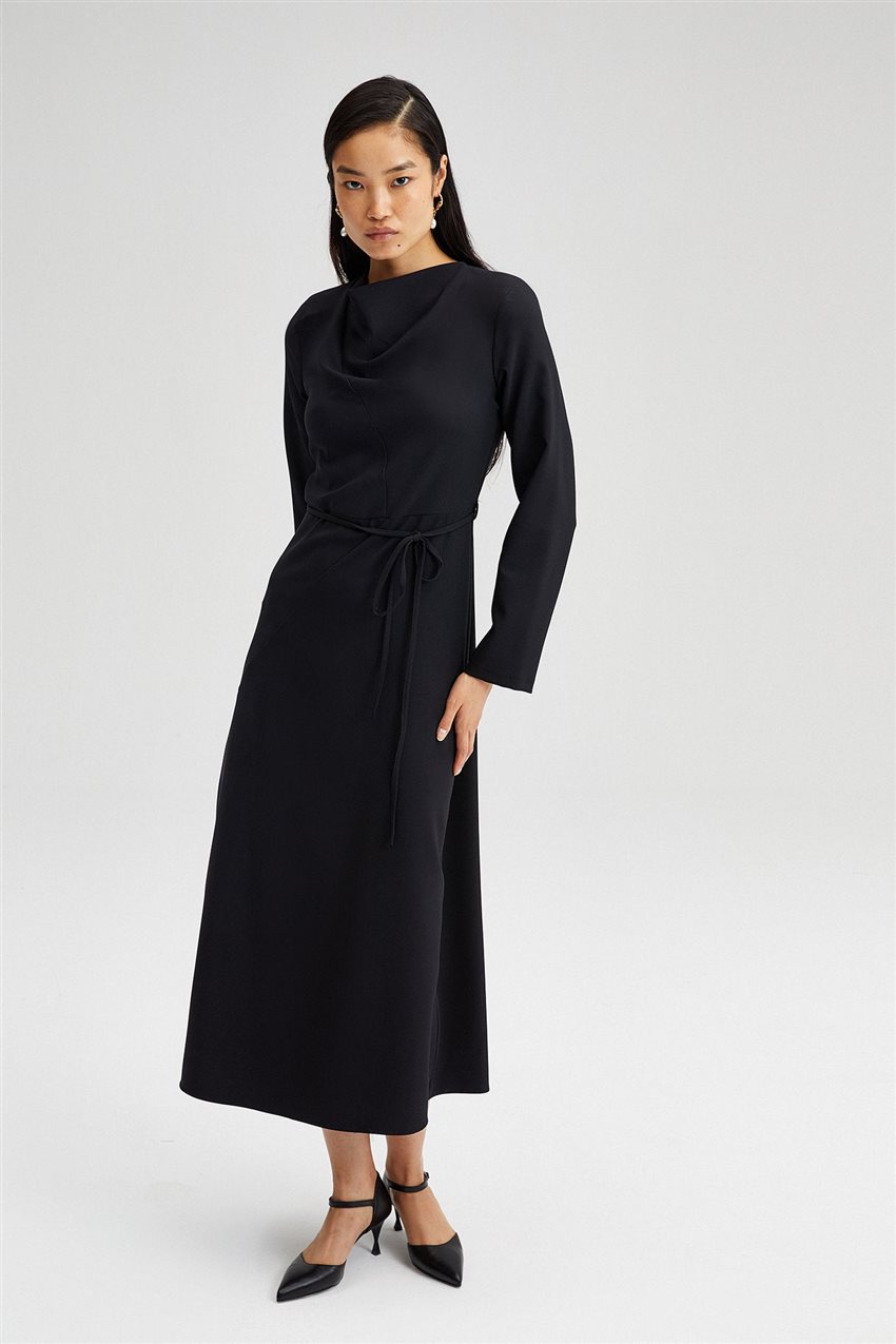 Touche Biye Kuşaklı Siyah Krep Elbise | E-Tesettür