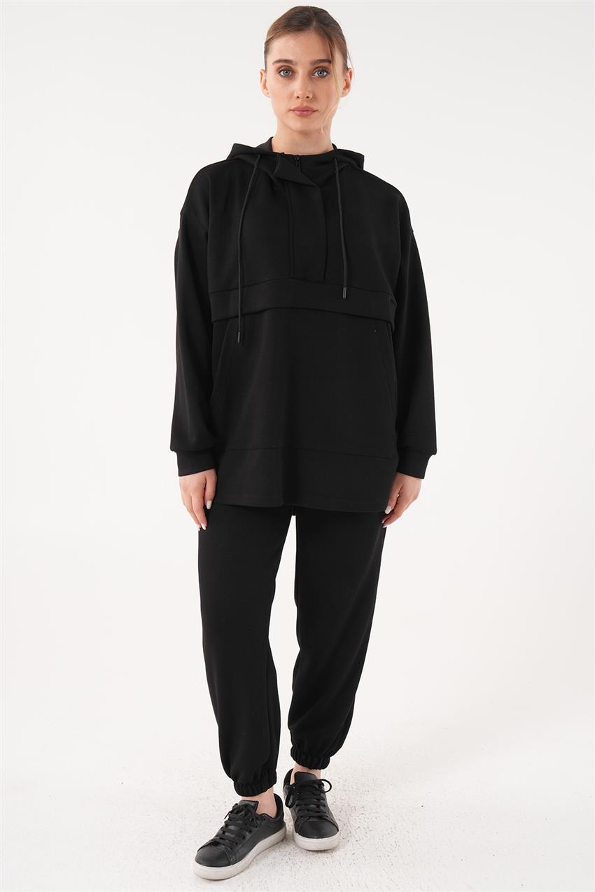 Kapüşonlu Sweatshirt-Pantolon İkili Siyah Takım