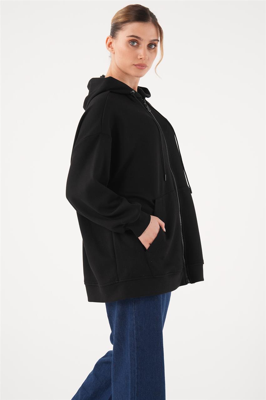 Etiket Detaylı Kapüşonlu Basic Siyah Sweatshirt