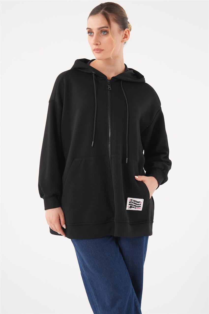 Etiket Detaylı Kapüşonlu Basic Siyah Sweatshirt