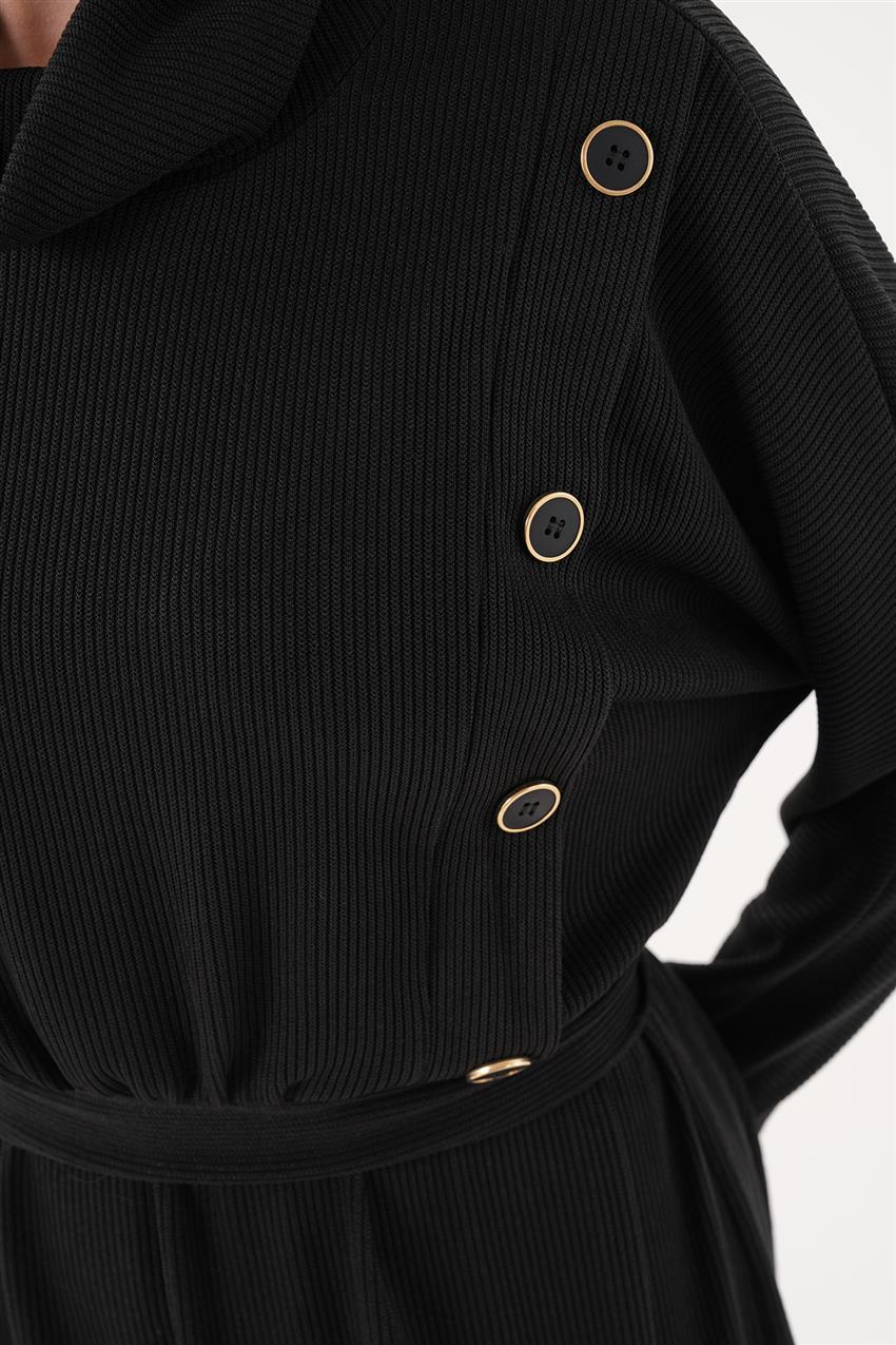 Düğme Detaylı Siyah Elbise