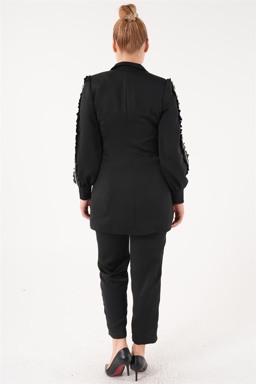 Kolları İşlemeli Ceket-Pantolon Siyah İkili Takım 