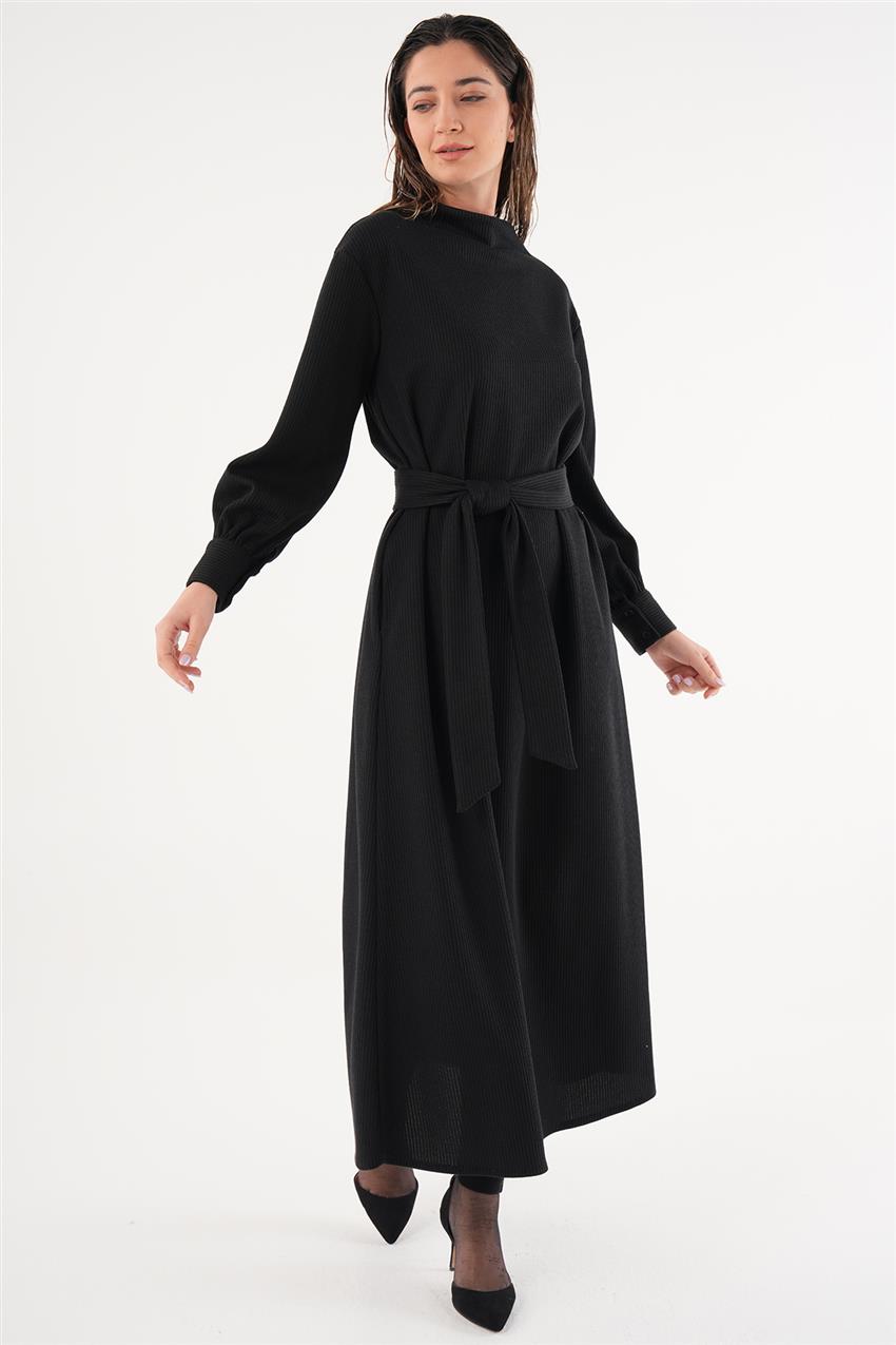Loreen Kuşaklı Siyah Elbise | E-Tesettür