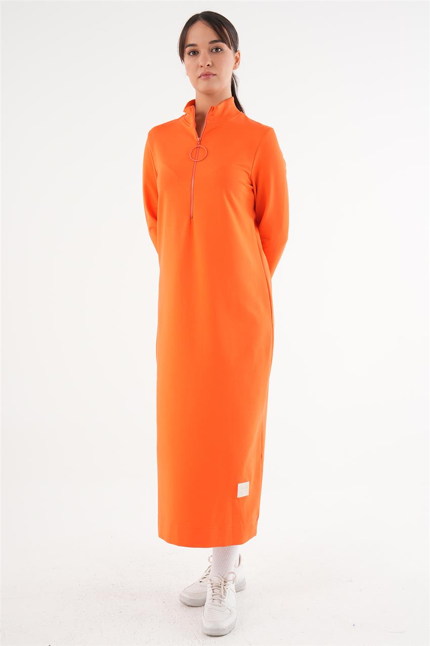 Ribanalı Fermuarlı Oranj Elbise
