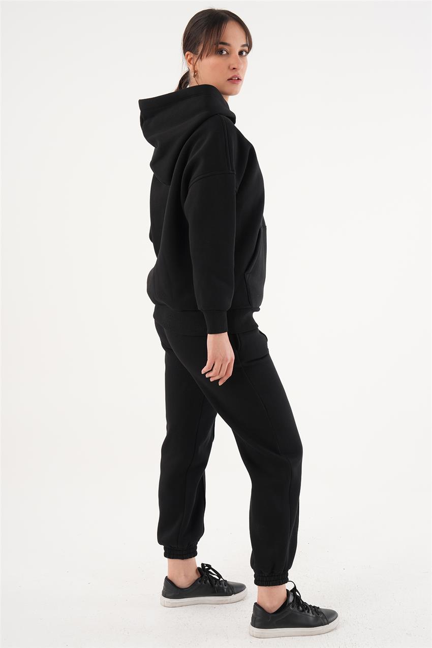 Kanguru Cepli Sweatshirt-Pantolon Siyah İkili Takım