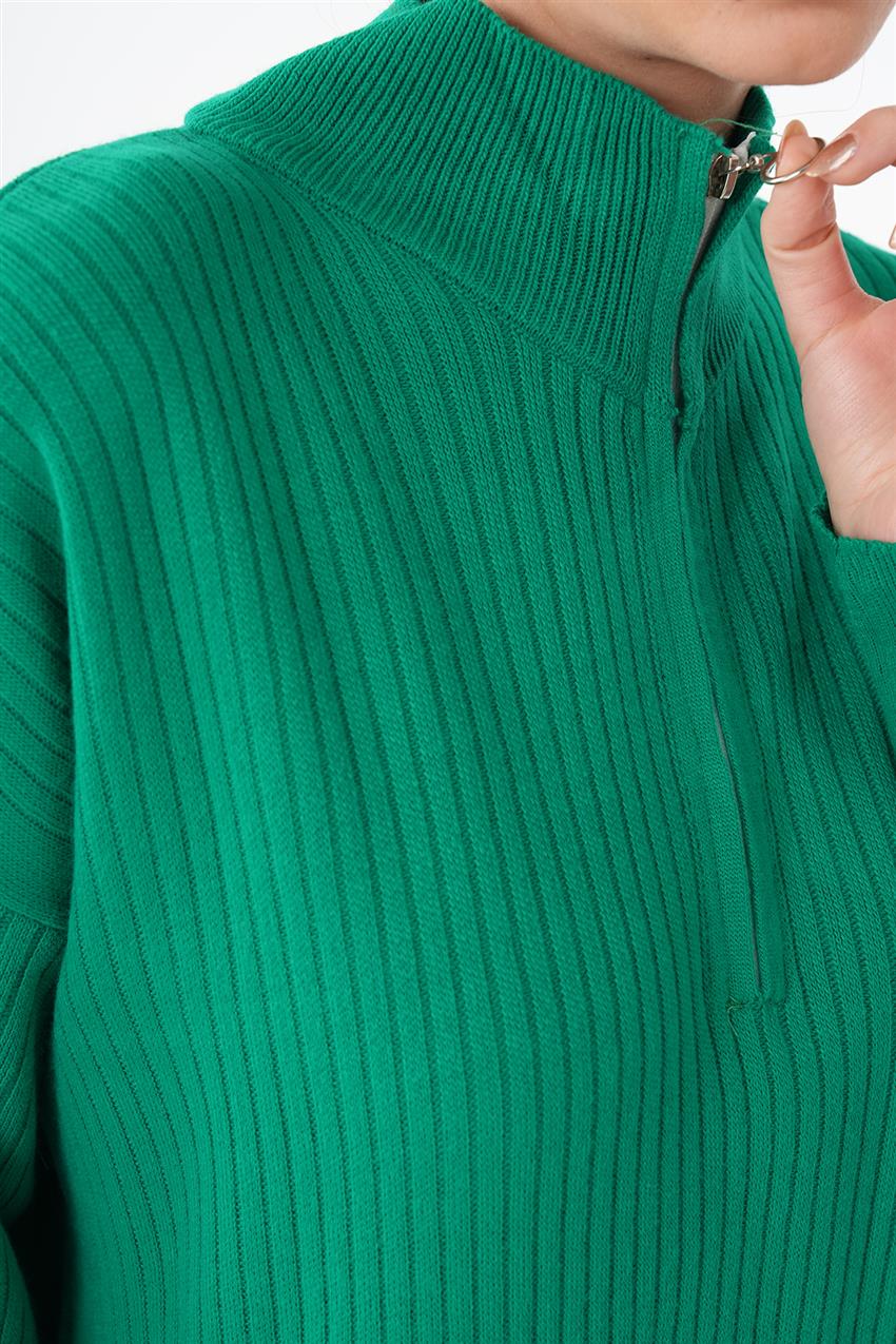 Fermuar Detaylı Balon Kol Yeşil Triko Elbise