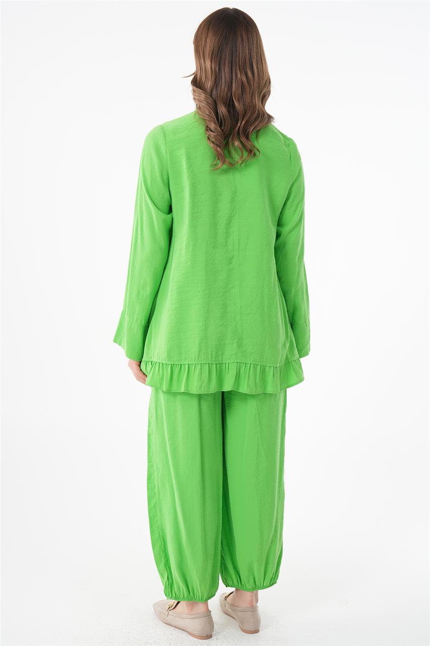 Yaprak Motifli Tunik-Pantolon Açık Yeşil İkili Takım