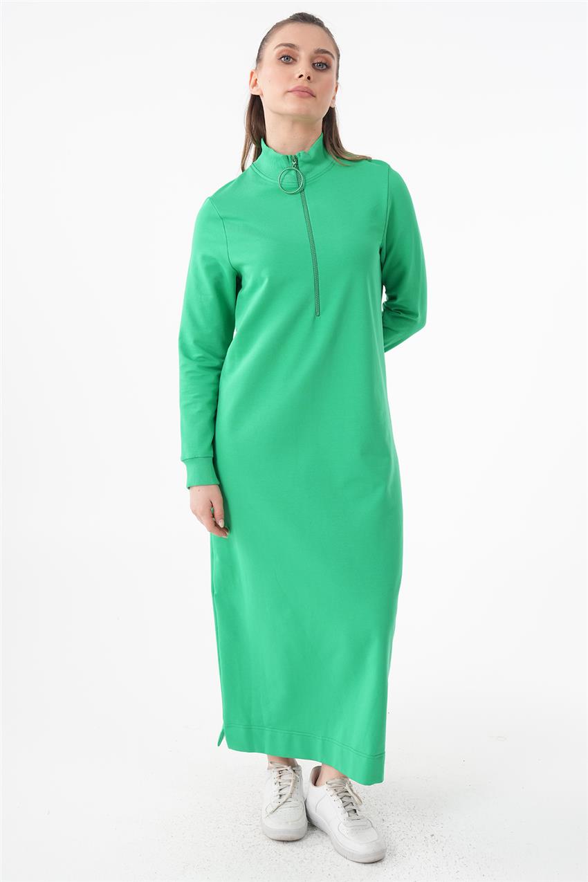 Levidor Ribanalı Fermuarlı Benetton Yeşili Elbise | E-Tesettür