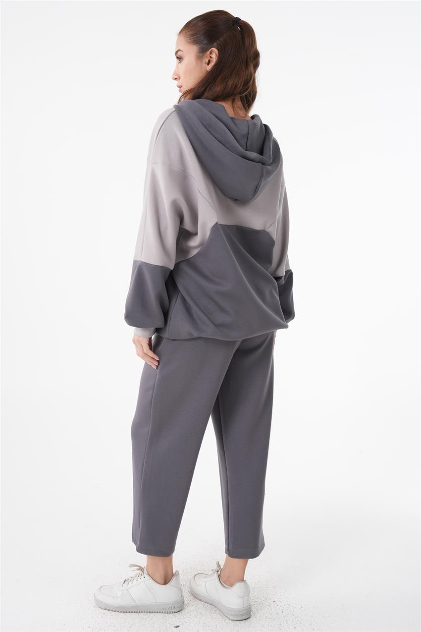Garnili Fermuarlı Sweatshirt-Pantolon Antrasit İkili Takım