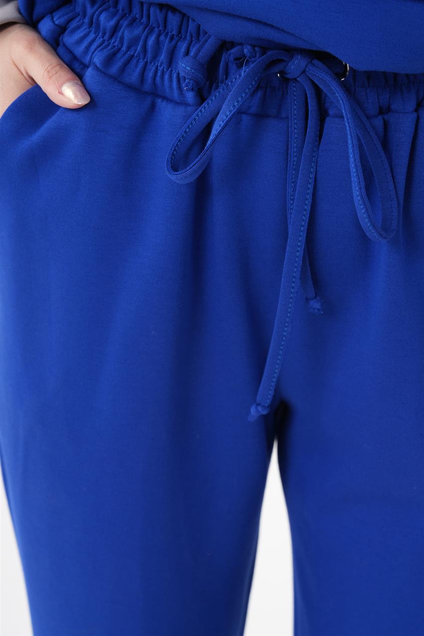 Garnili Fermuarlı Sweatshirt-Pantolon Saks İkili Takım
