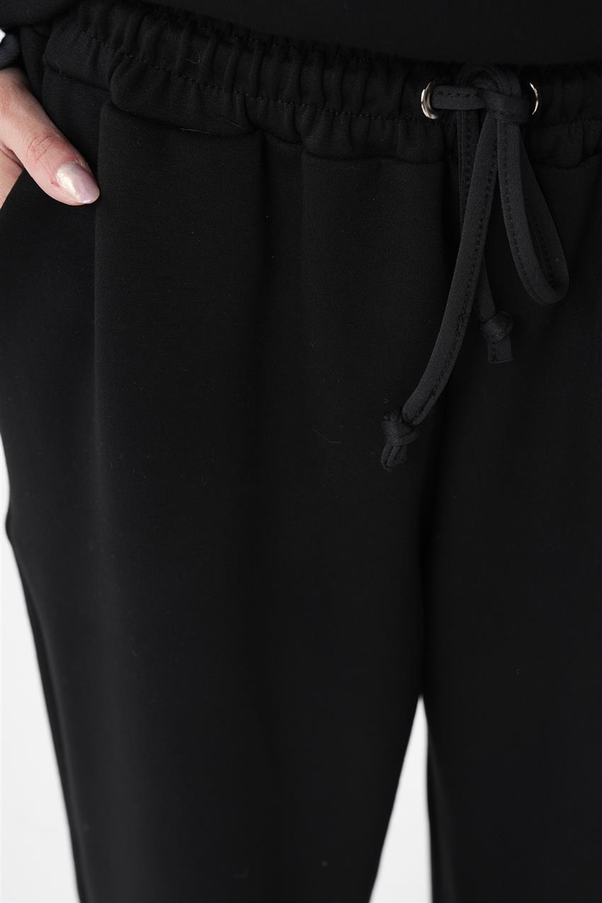 Garnili Fermuarlı Sweatshirt-Pantolon Siyah İkili Takım