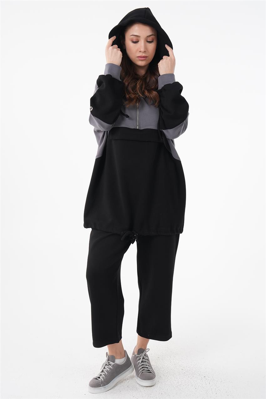 Garnili Fermuarlı Sweatshirt-Pantolon Siyah İkili Takım