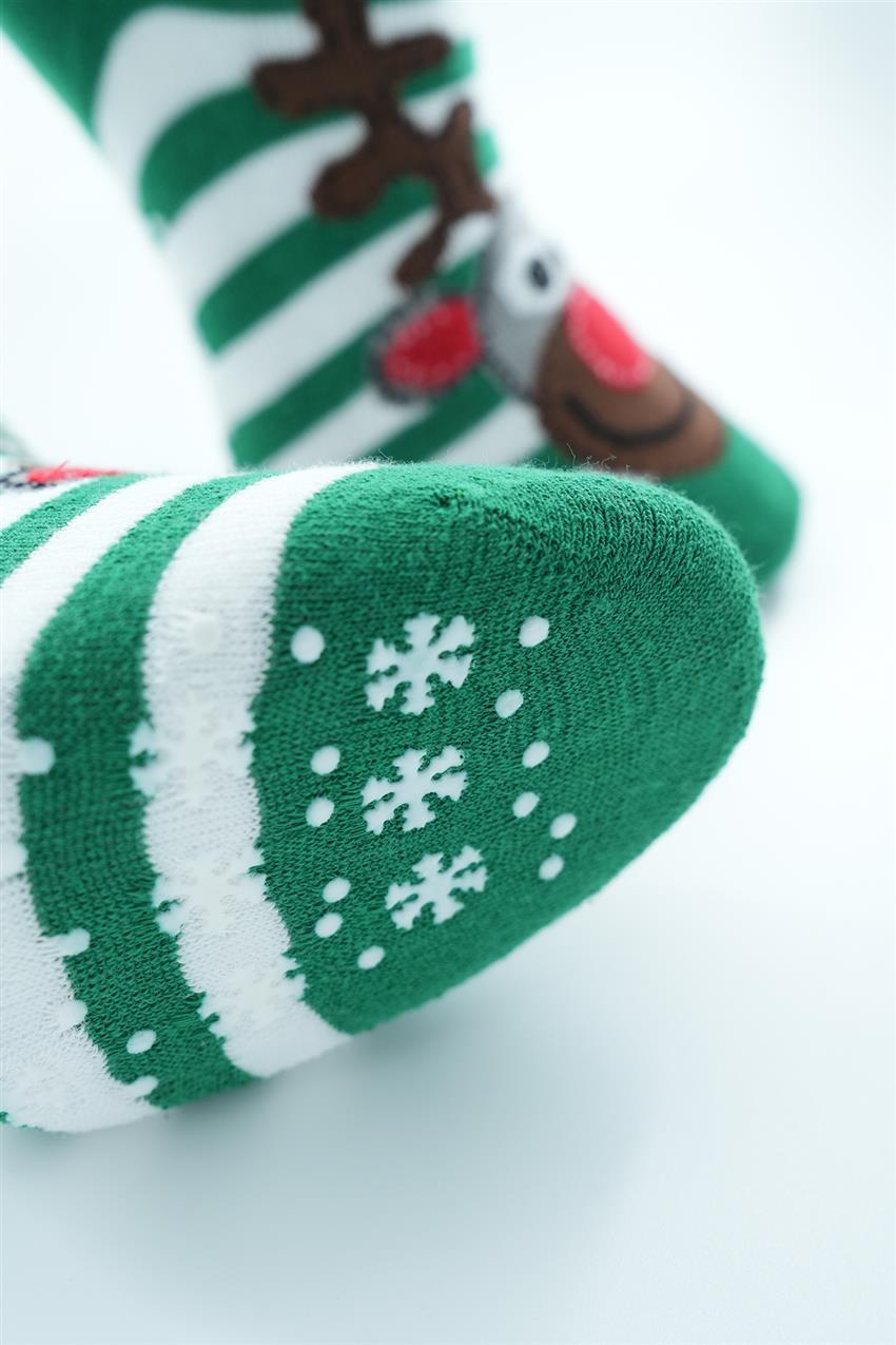 Geyik Figürlü Çizgili Babet Çorap-Yeşil 1129-21