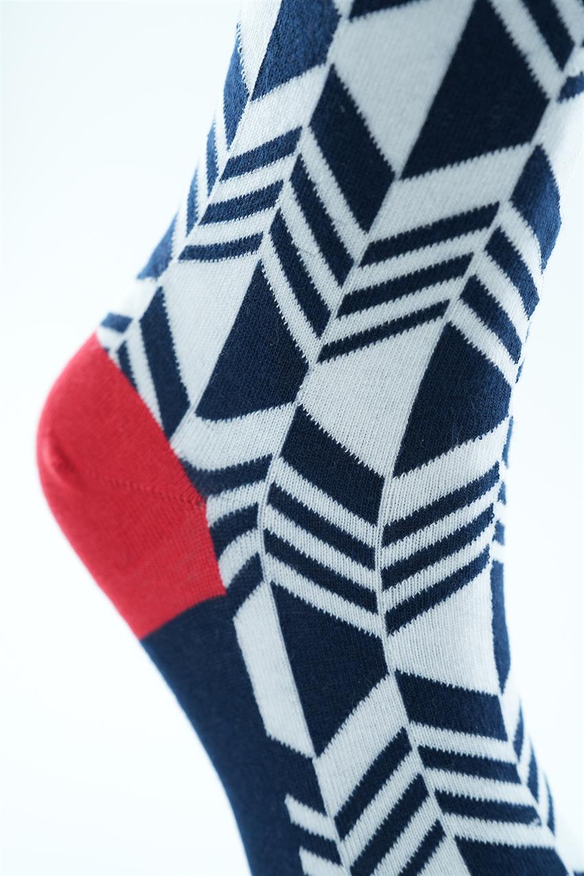 Karışık Desenli Uzun Çorap-Lacivert Beyaz 4319-301