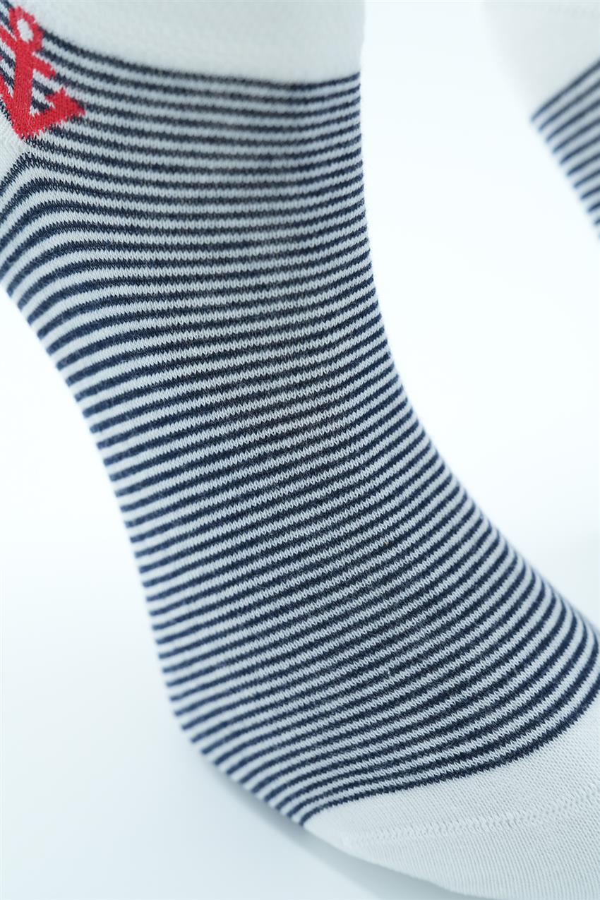 Çapa Figürlü Çizgili Babet Çorap-Beyaz 1182-02