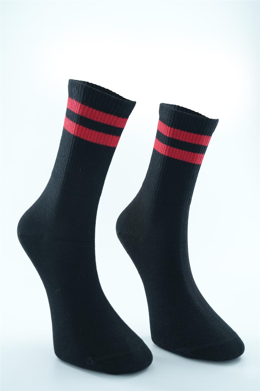 Çizgili Desen Çorap-Kırmızı Siyah 1221-263