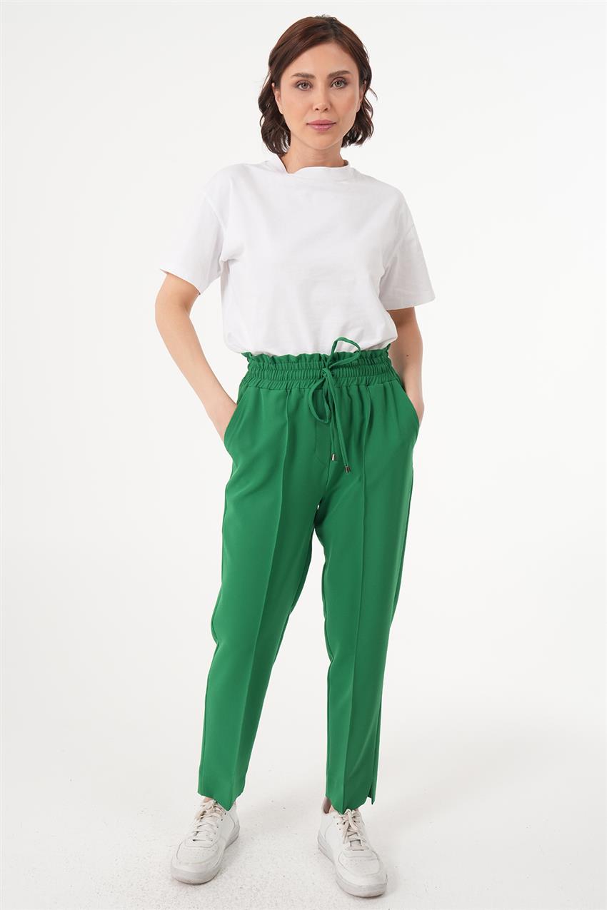 Beli Fırfır Lastikli Yandan Yırtmaçlı Yeşil Pantolon