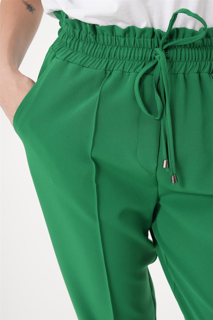 Beli Fırfır Lastikli Yandan Yırtmaçlı Yeşil Pantolon