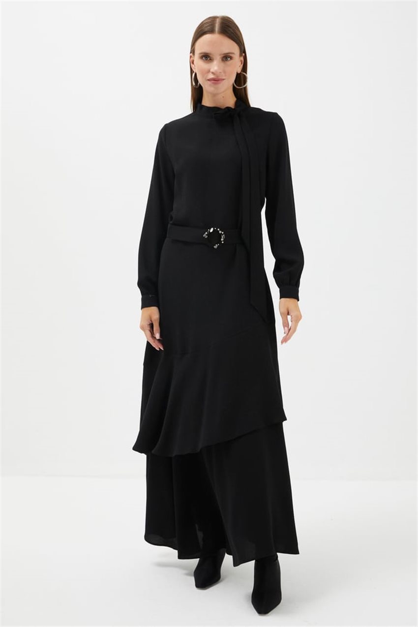 Kurdela Yaka Fırfır Detaylı Uzun Siyah Abiye Elbise