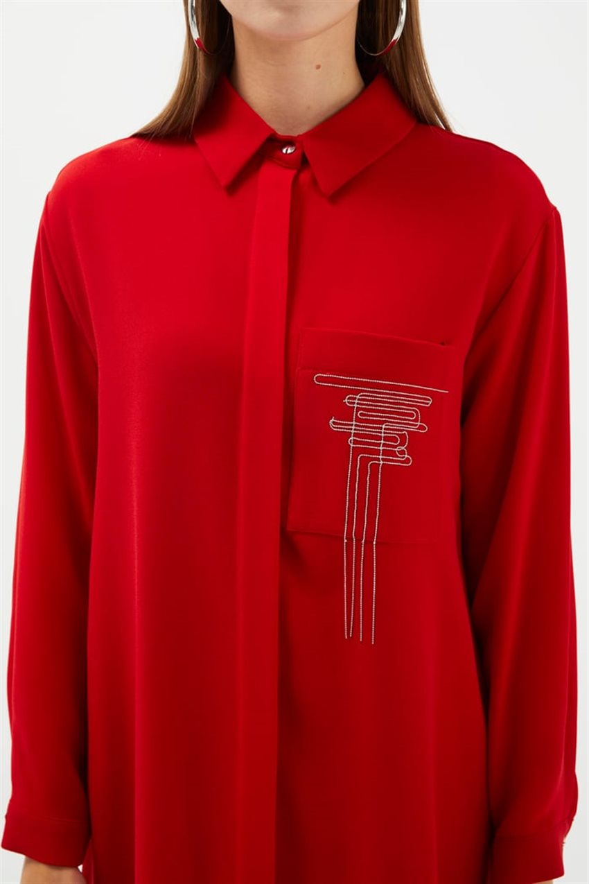 Gömlek Yaka Cep Detaylı Kırmızı Tunik