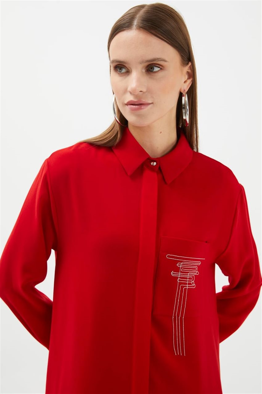 Gömlek Yaka Cep Detaylı Kırmızı Tunik