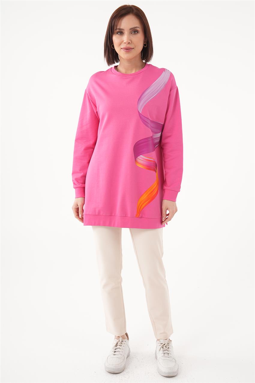 Renkli Baskılı İki İplik Pembe Sweatshirt