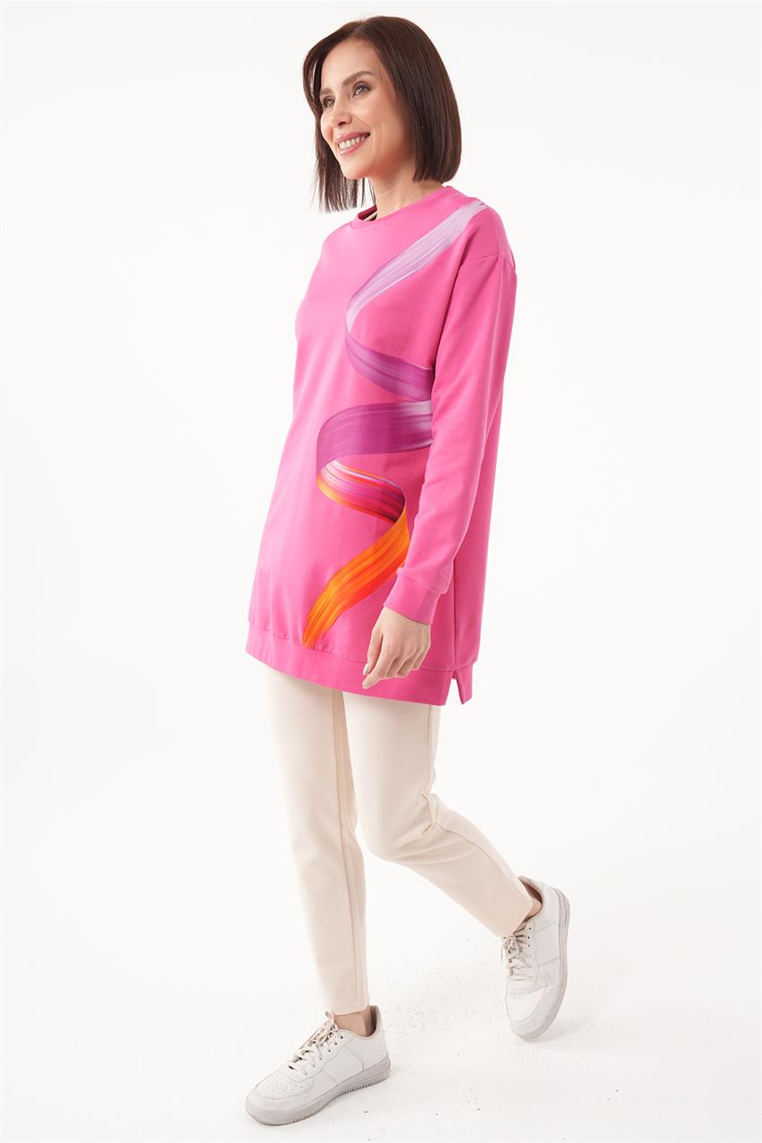 Renkli Baskılı İki İplik Pembe Sweatshirt