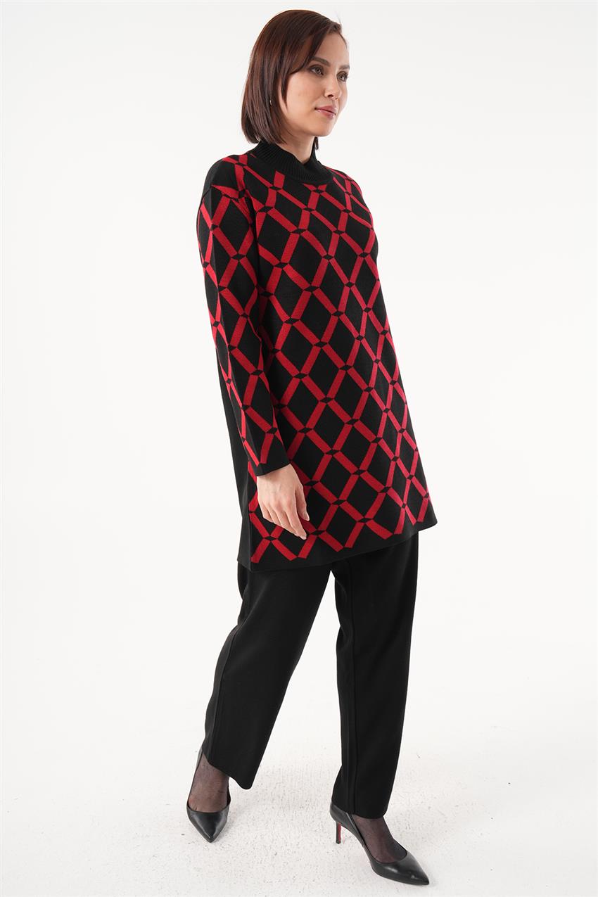 Zincir Desenli Tunik-Pantolon Kırmızı-Siyah İkili Triko Takım