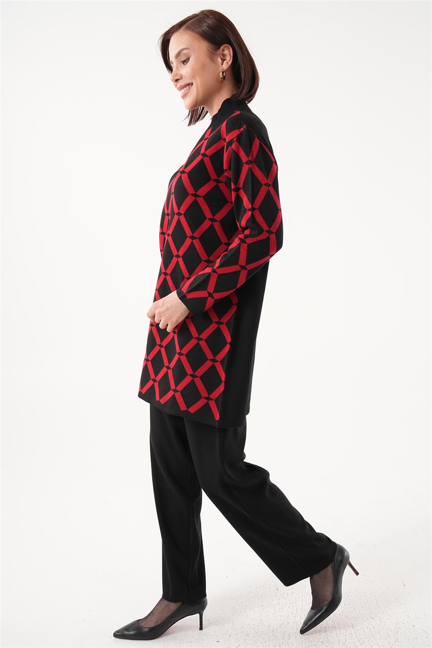Zincir Desenli Tunik-Pantolon Kırmızı-Siyah İkili Triko Takım