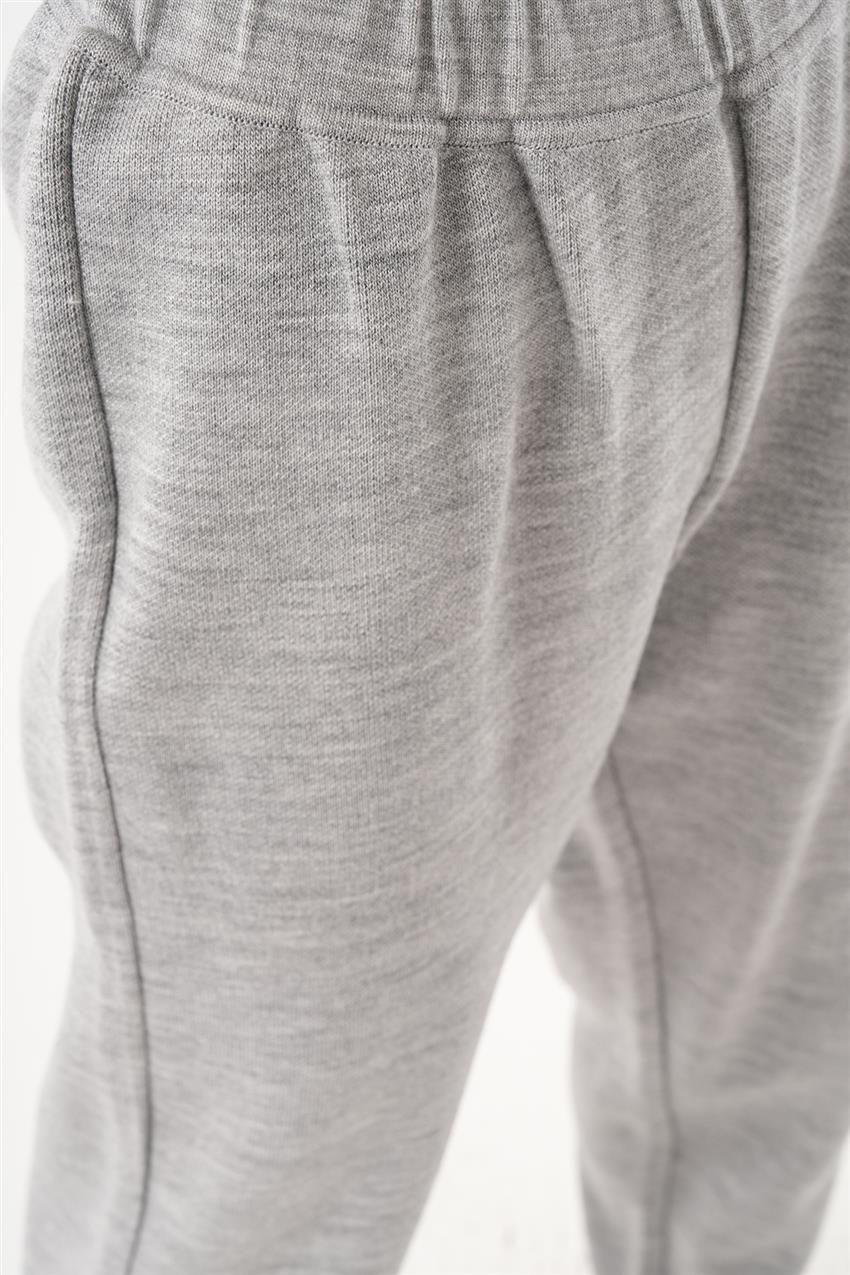 Yandan Düğmeli Boğazlı Tunik- Pantolon Gri İkili Takım 