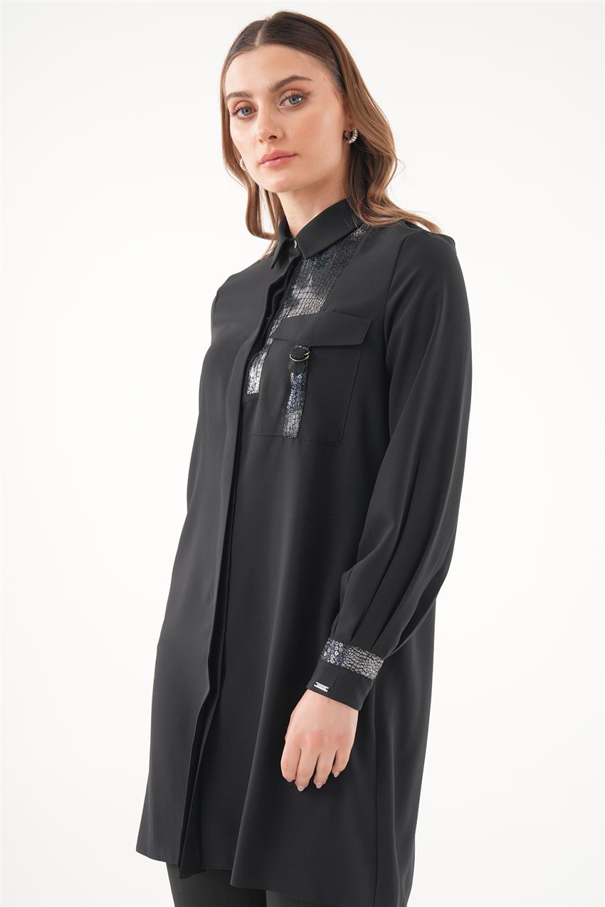 Gömlek Yaka Payet Detaylı Siyah Tunik