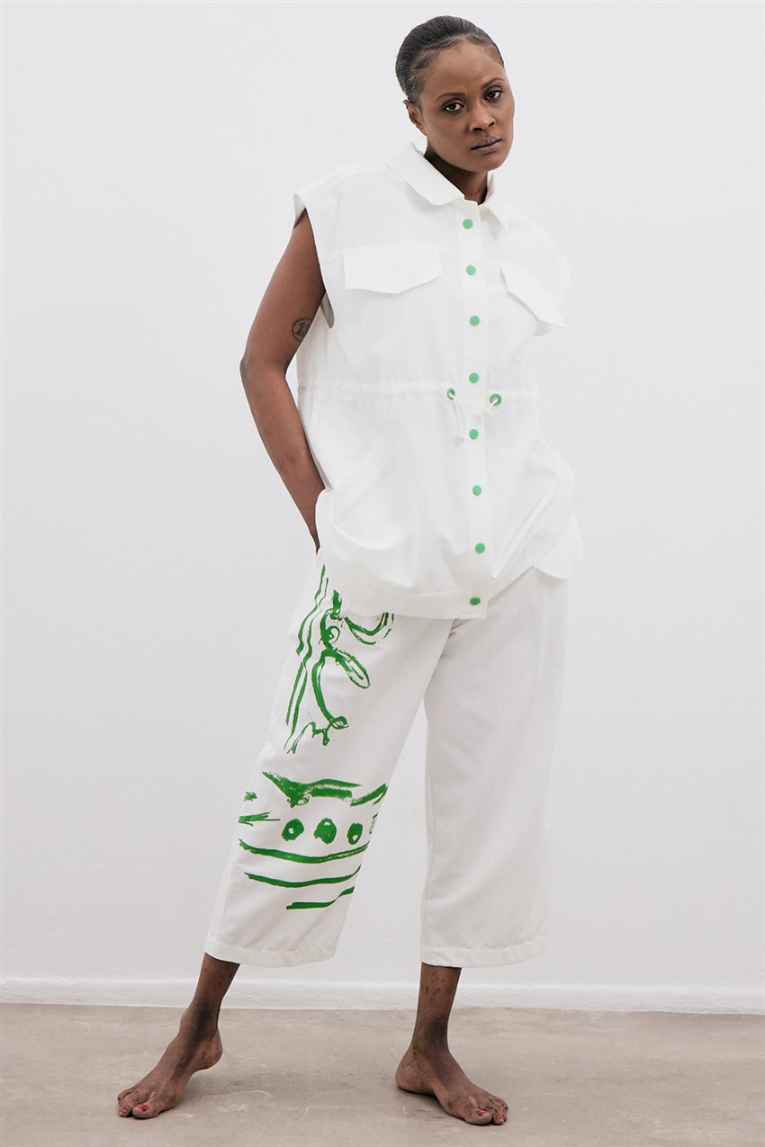 Baskı Desenli Beyaz-Yeşil Pantolon